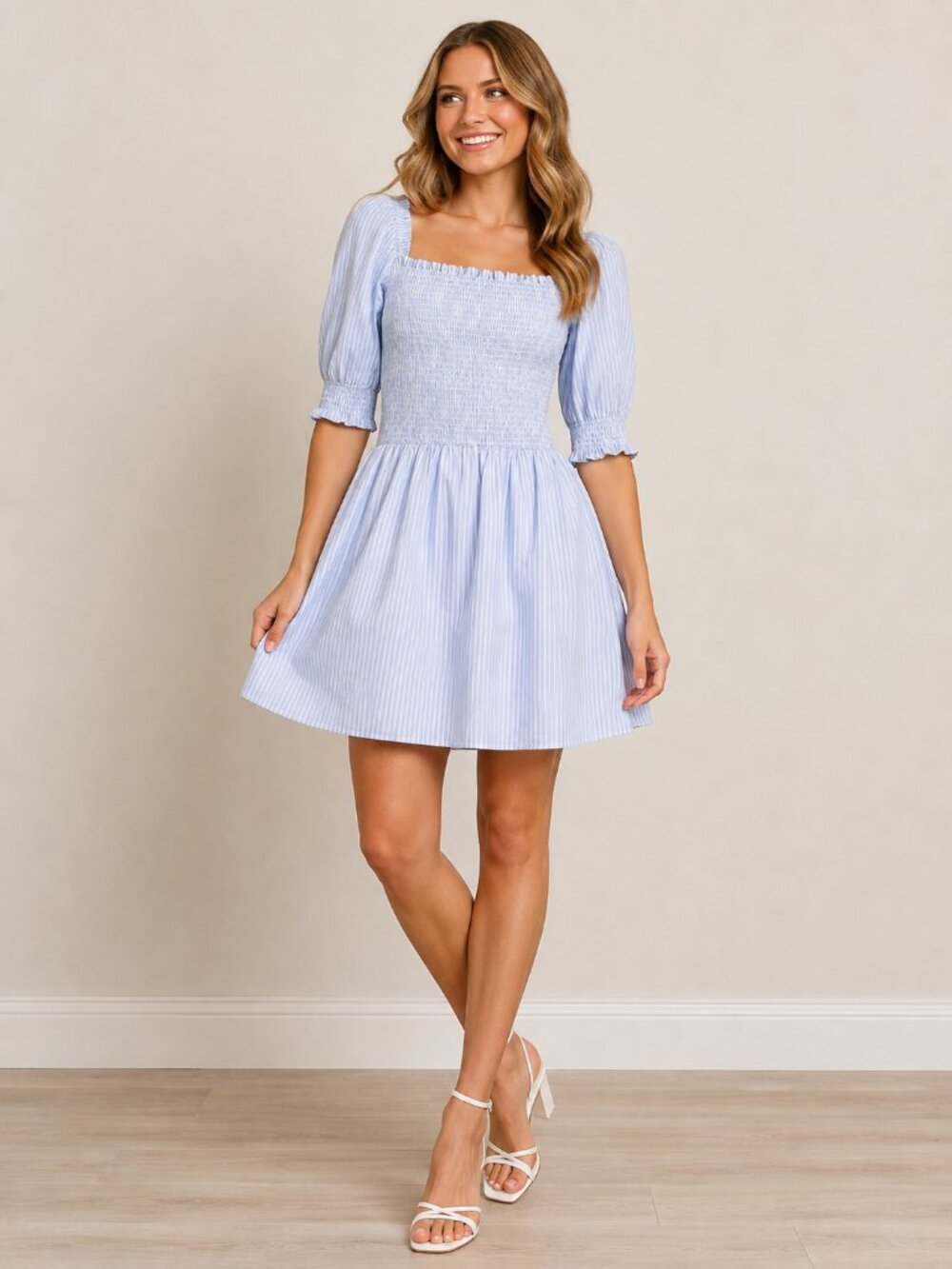 AQUA Women’s Large Blue White Striped Smocked Puff Sleeve Mini Dress